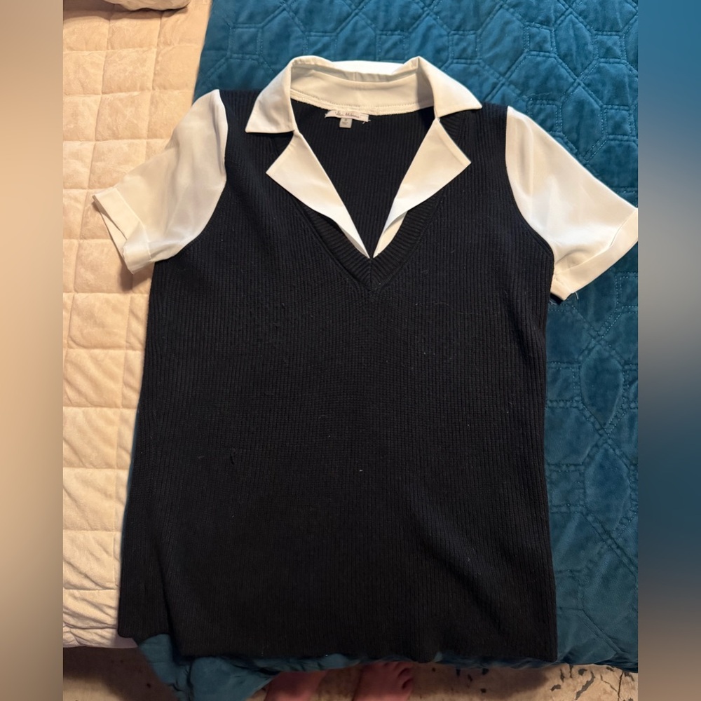 Black Sweater Vest with Built In Collar and Sleeves